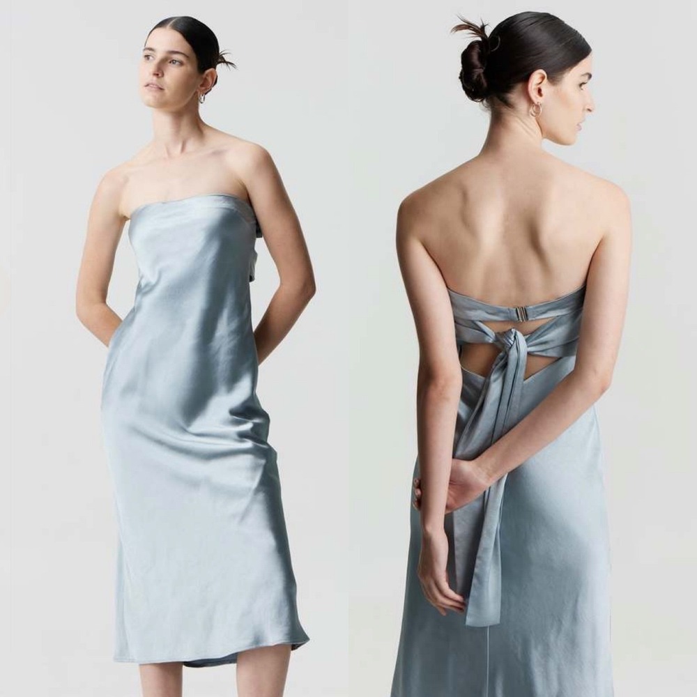 NWT Free People X Third Form Satin Tie Back Strapless Midi Dress 6 Blue Wave - Picture 2 of 13